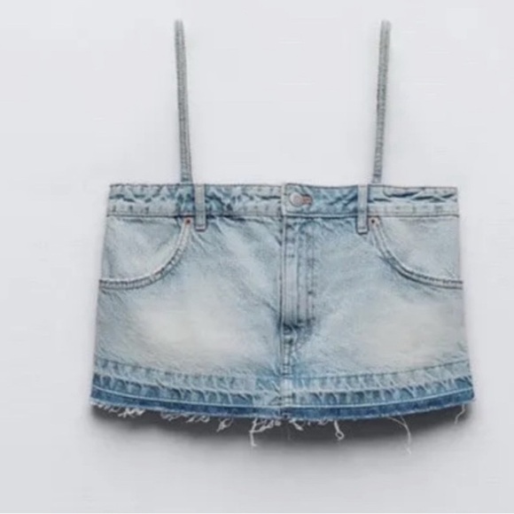 NEW ZARA - Denim Skirt Effect Crop Top - Picture 3 of 8